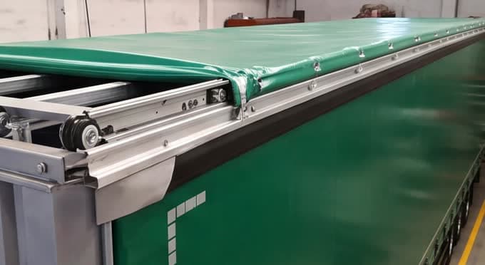 Lona de PVC verde fabricada a medida en el taller de Toldos Vila en Lugo